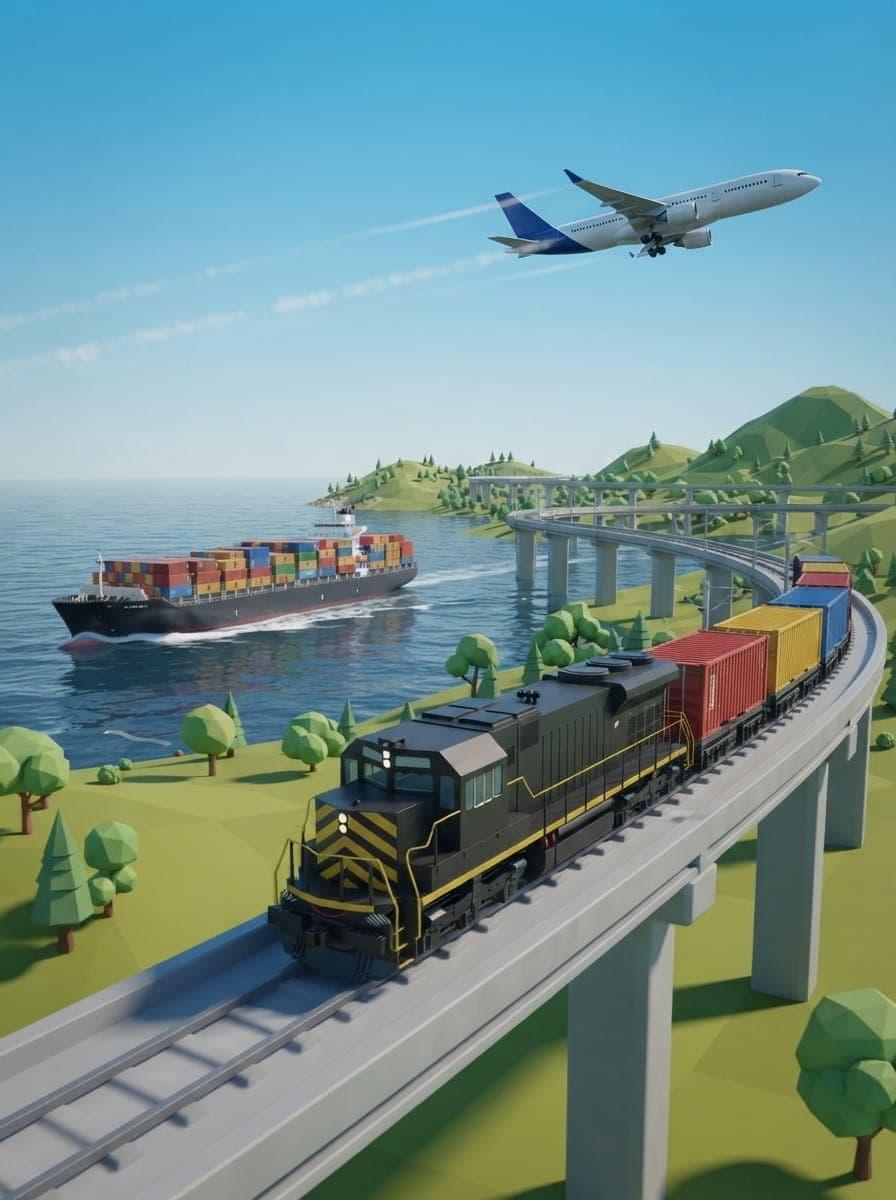 Global transit illustration showing cargo ship, freight train, and airplane